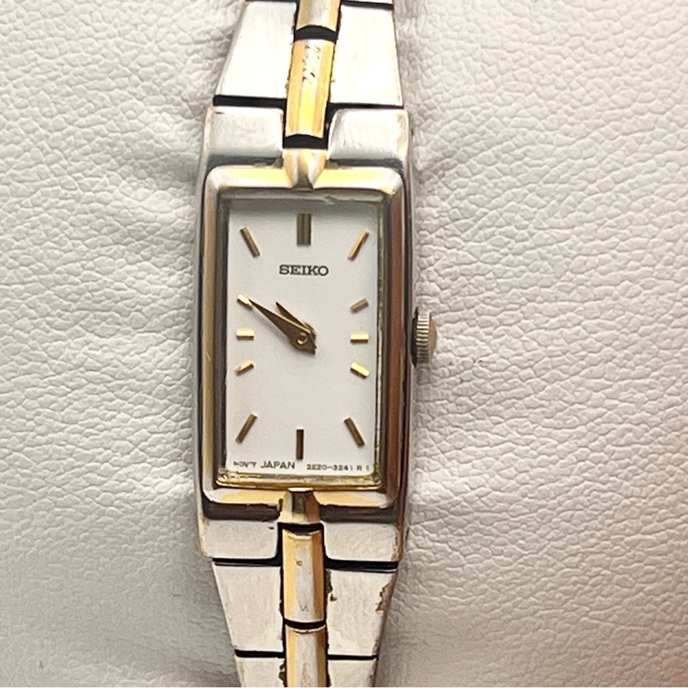 Vintage Seiko Two-Tone Skinny Rectangular Womens Watch New Battery - Picture 2 of 12